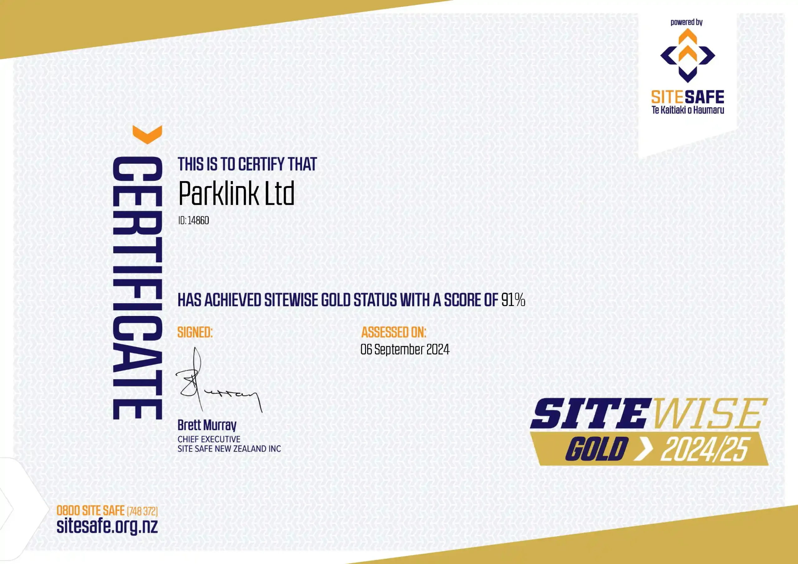 Parklink Site Wise Certificate